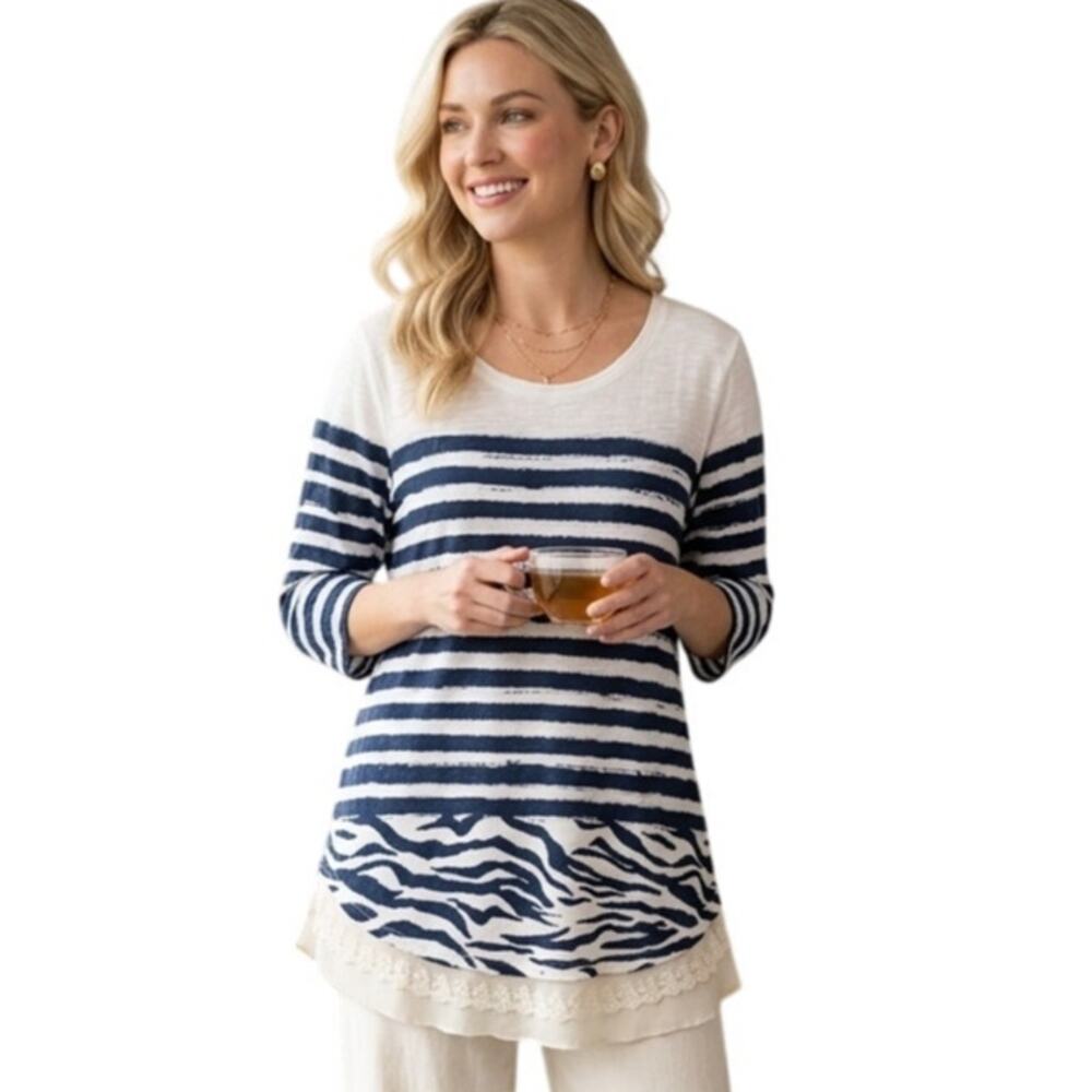 LOGO Lori Goldstein Mixed Stripe & Zebra Print Tunic Womens Large Blue Cream Top